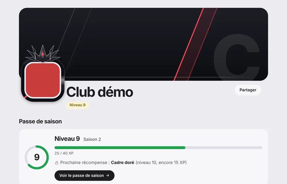 En-tête de la page d'un club avec sa bannière, son logo et sa couronne