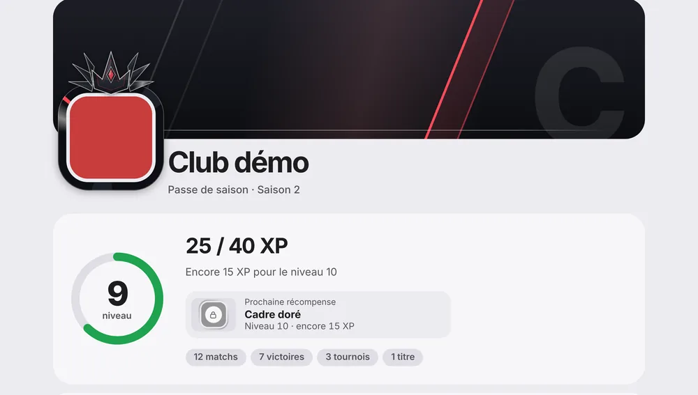 Page du passe de saison d'un club : niveau, barre d'XP et prochaine récompense