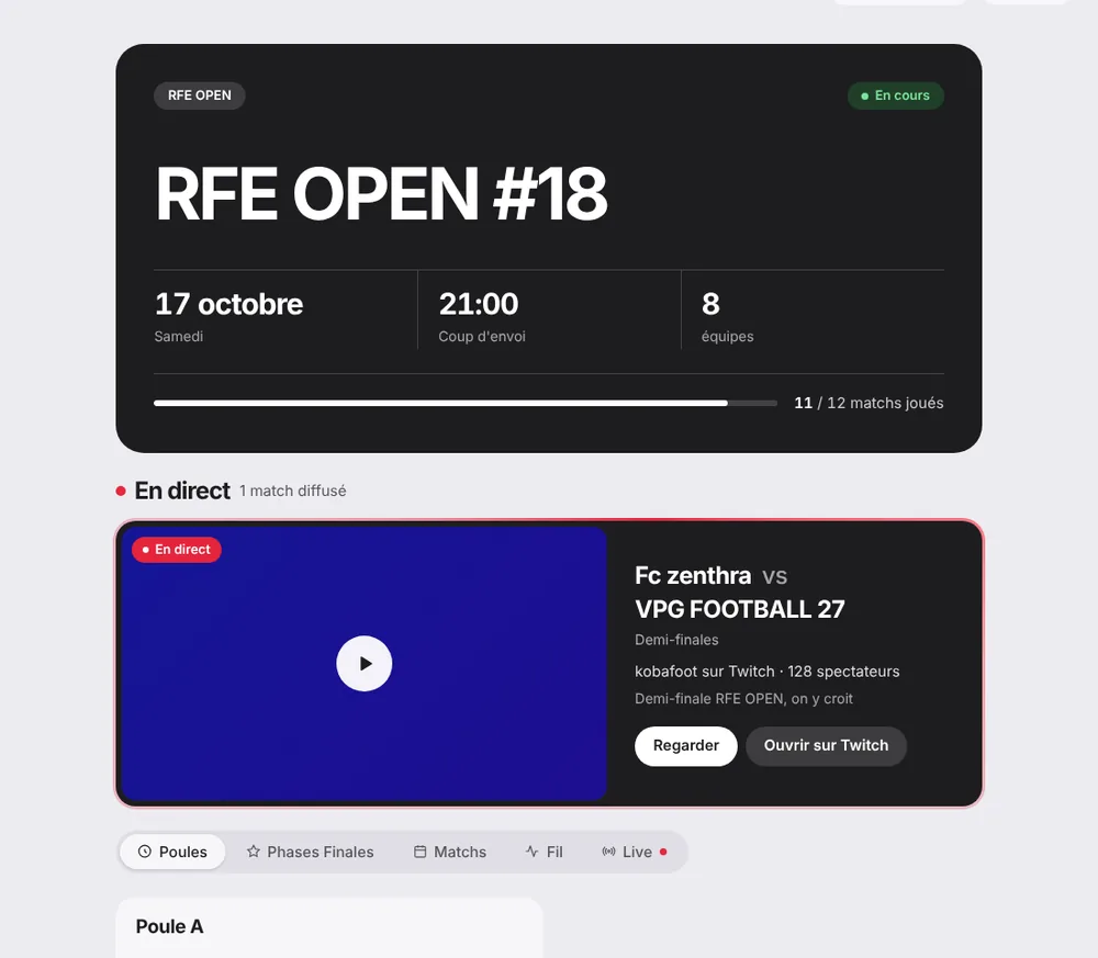 Bandeau En direct au-dessus du tournoi, avec le lecteur et le score du match