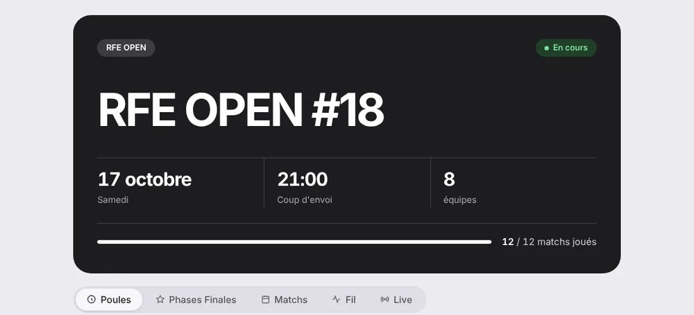 Nouvelle page d'un tournoi avec la date, l'heure, le nombre d'équipes et les onglets